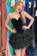 Black Velvet Strapless Ruffles Short Homecoming Dress by KissProm