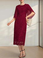 Sheath/Column Scoop Tea-Length Lace Chiffon Mother of the Bride Dress by Dreamylily