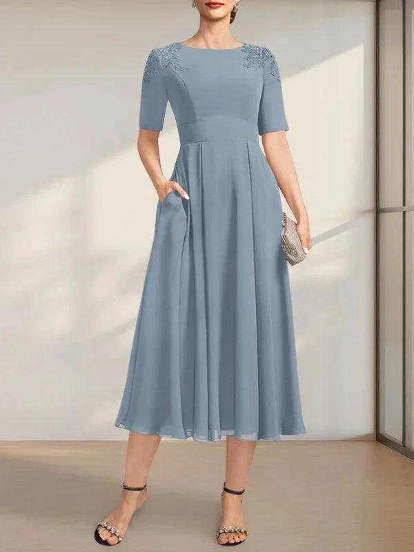 A-line Scoop Tea-Length Chiffon Mother of the Bride Dress With Appliques Lace Sequins by Dreamylily