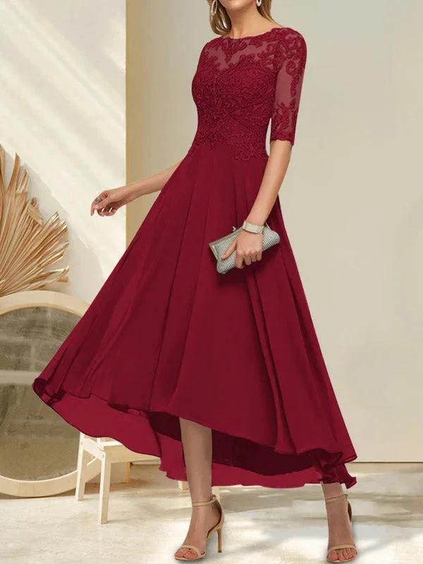 A-line Boat Neck Illusion Asymmetrical Chiffon Lace Mother of the Bride Dress With Sequins Beading by Dreamylily