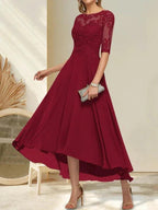 A-line Boat Neck Illusion Asymmetrical Chiffon Lace Mother of the Bride Dress With Sequins Beading by Dreamylily