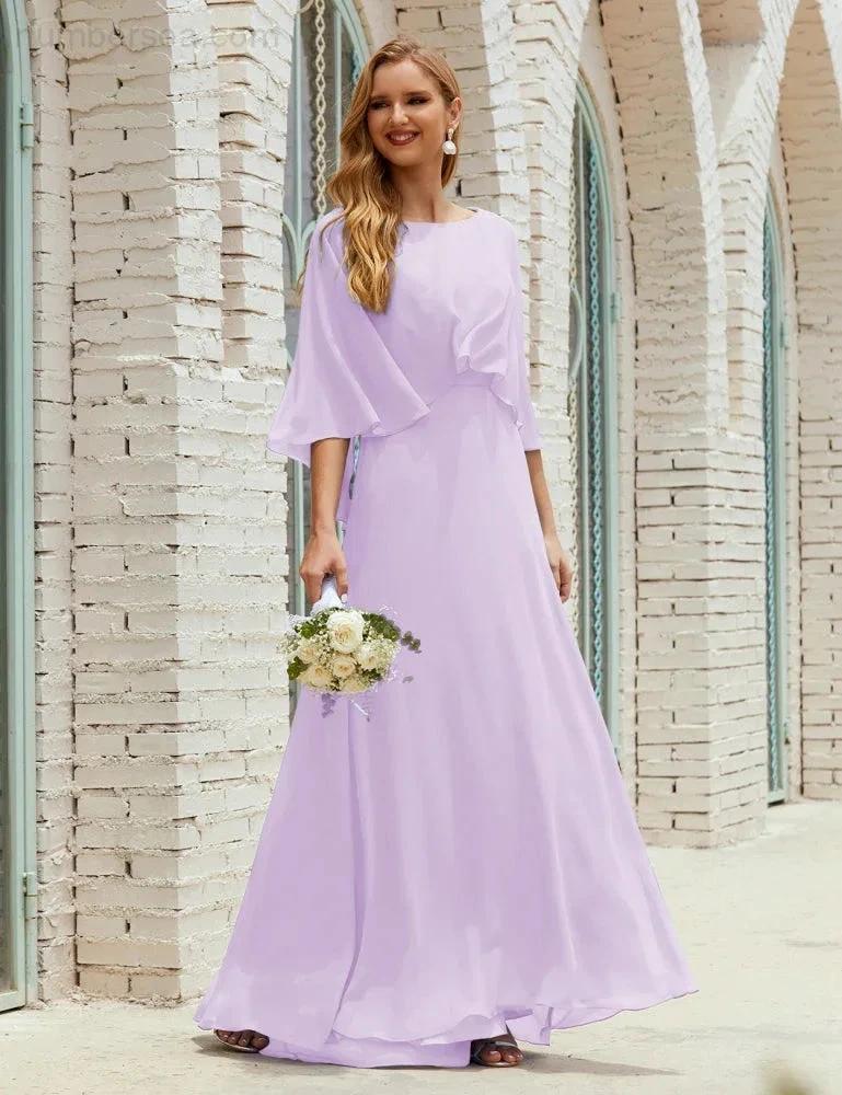 Sunnderly Bridesmaid Dress Women Long Sleeve V-Neck Chiffon Formal Wedding Party Dress SY28018 by numbersea