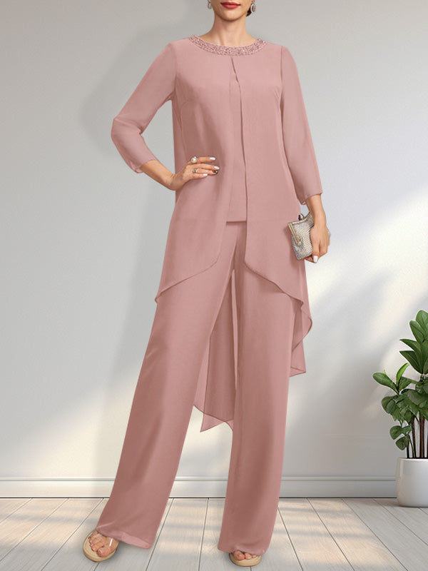 Separates Jumpsuit/Pantsuit Scoop Floor-Length Chiffon Mother of the Bride Dress With Sequins Beading