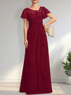 A-line Asymmetrical Illusion Floor-Length Lace Chiffon Mother of the Bride Dress With Cascading Ruffles Sequins by Dreamylily