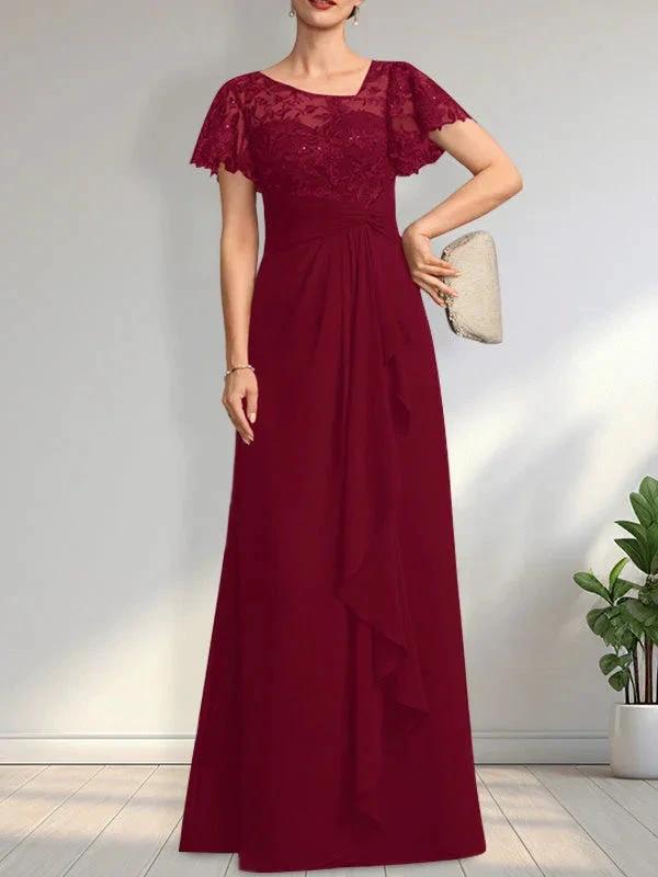 A-line Asymmetrical Illusion Floor-Length Lace Chiffon Mother of the Bride Dress With Cascading Ruffles Sequins by Dreamylily
