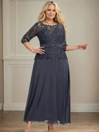 A-line Scoop Illusion Ankle-Length Chiffon Lace Mother of the Bride Dress With Rhinestone Beading by Dreamylily