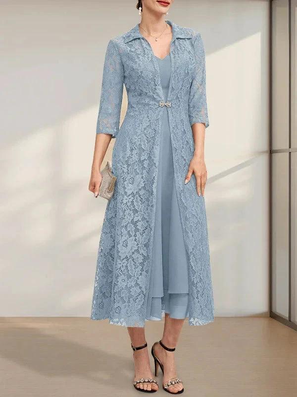 A-line V-Neck Tea-Length Chiffon Mother of the Bride Dress by Dreamylily