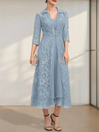 A-line V-Neck Tea-Length Chiffon Mother of the Bride Dress by Dreamylily