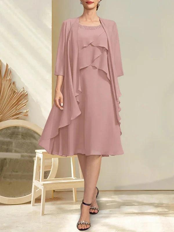 A-line Scoop Knee-Length Chiffon Mother of the Bride Dress With Beading by Dreamylily