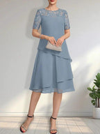 A-line Scoop Illusion Knee-Length Lace Chiffon Mother of the Bride Dress With Sequins by Dreamylily