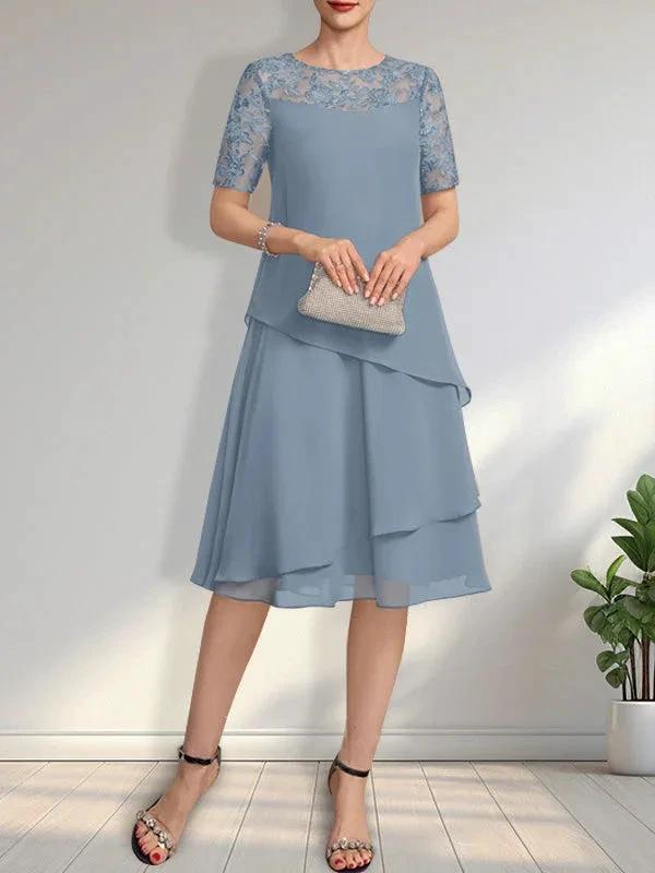 A-line Scoop Illusion Knee-Length Lace Chiffon Mother of the Bride Dress With Sequins by Dreamylily