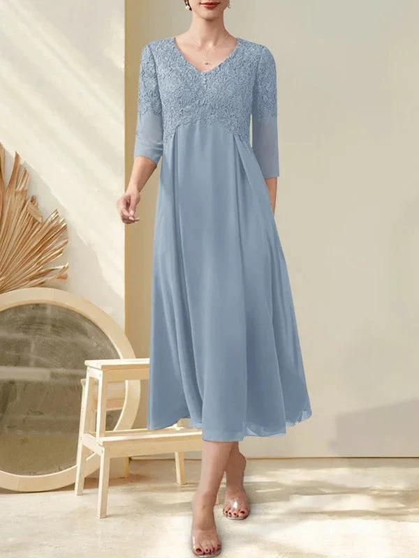 A-line V-Neck Tea-Length Chiffon Lace Mother of the Bride Dress With Beading by Dreamylily