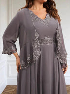 A-line V-Neck Ankle-Length Chiffon Mother of the Bride Dress With Sequins Appliques Lace Beading by Dreamylily