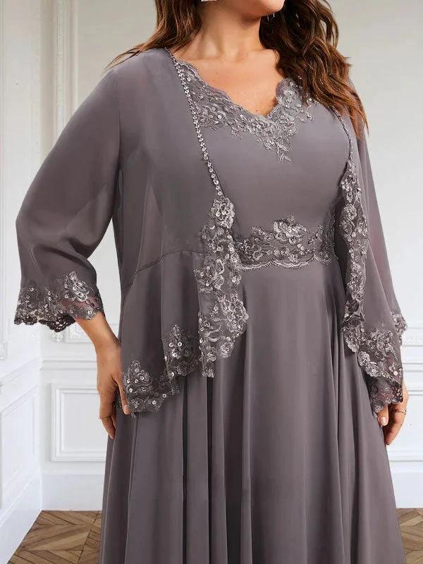 A-line V-Neck Ankle-Length Chiffon Mother of the Bride Dress With Sequins Appliques Lace Beading by Dreamylily
