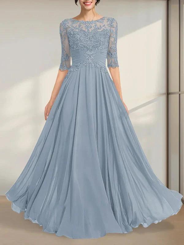 A-line Scoop Illusion Floor-Length Chiffon Lace Mother of the Bride Dress With Pleated Sequins by Dreamylily