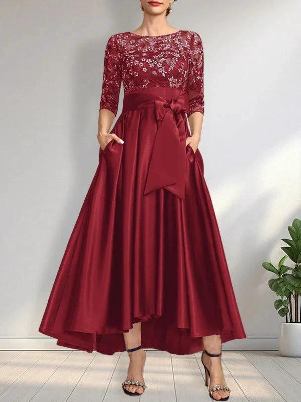 A-line Scoop Illusion Asymmetrical Satin Lace Mother of the Bride Dress With Bow by Dreamylily
