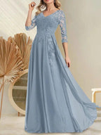 A-line V-Neck Floor-Length Lace Chiffon Mother of the Bride Dress With Sequins by Dreamylily