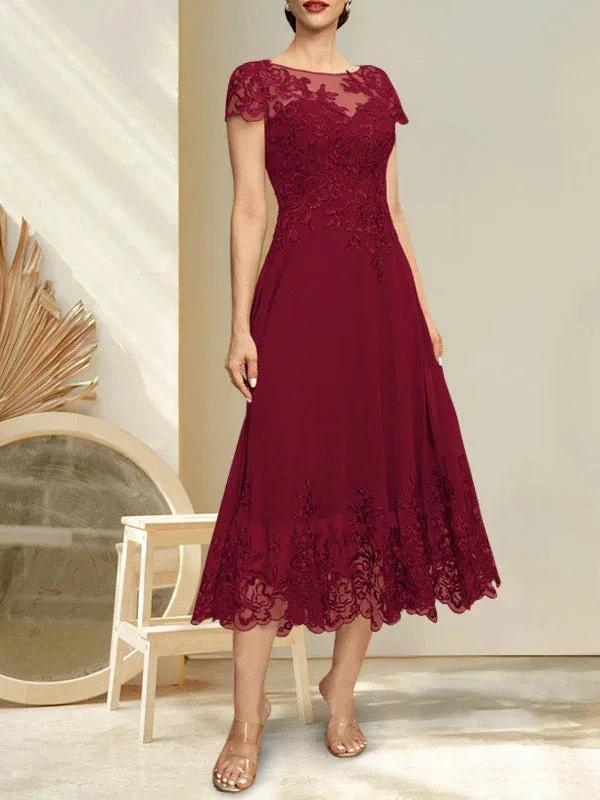 A-line Illusion Scoop Tea-Length Lace Chiffon Mother of the Bride Dress With Sequins by Dreamylily