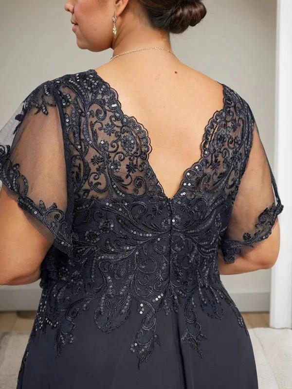 A-line V-Neck Floor-Length Lace Chiffon Mother of the Bride Dress With Sequins by Dreamylily