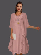 Two Piece A-Line Chiffon Lace Sleeveless Jacket Dresses with Pleats Appliques by Dreamylily
