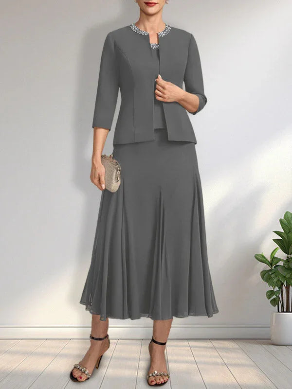 Separates A-line Scoop Tea-Length Chiffon Mother of the Bride Dress With Sequins Beading by Dreamylily