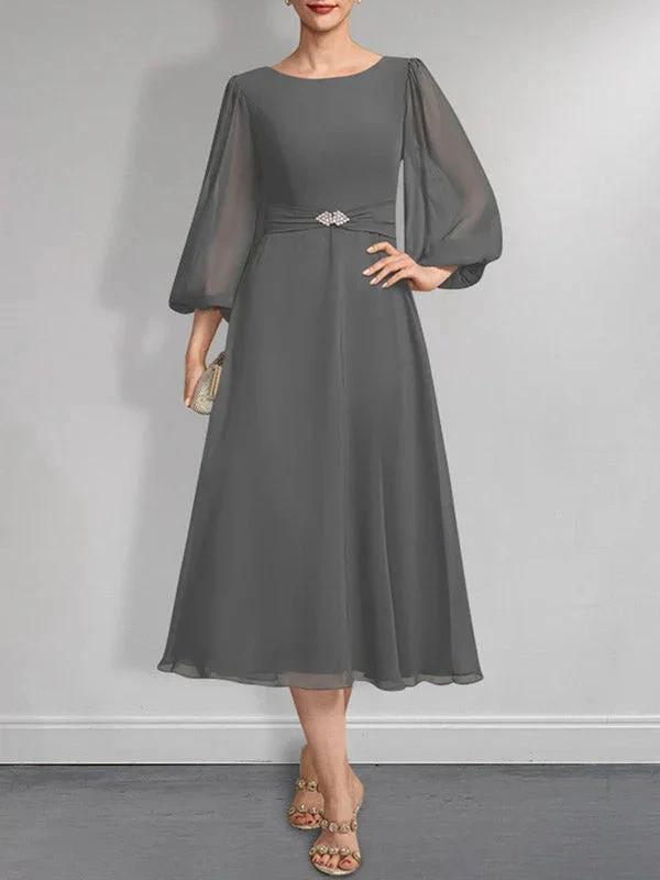 A-line Scoop Tea-Length Chiffon Mother of the Bride Dress With Crystal Brooch Pleated by Dreamylily