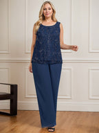 Separates Jumpsuit/Pantsuit Scoop Floor-Length Lace Chiffon Mother of the Bride Dress With Sequins