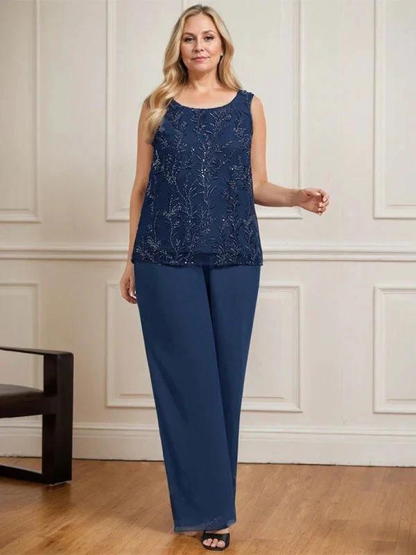 Separates Jumpsuit/Pantsuit Scoop Floor-Length Lace Chiffon Mother of the Bride Dress With Sequins by Dreamylily