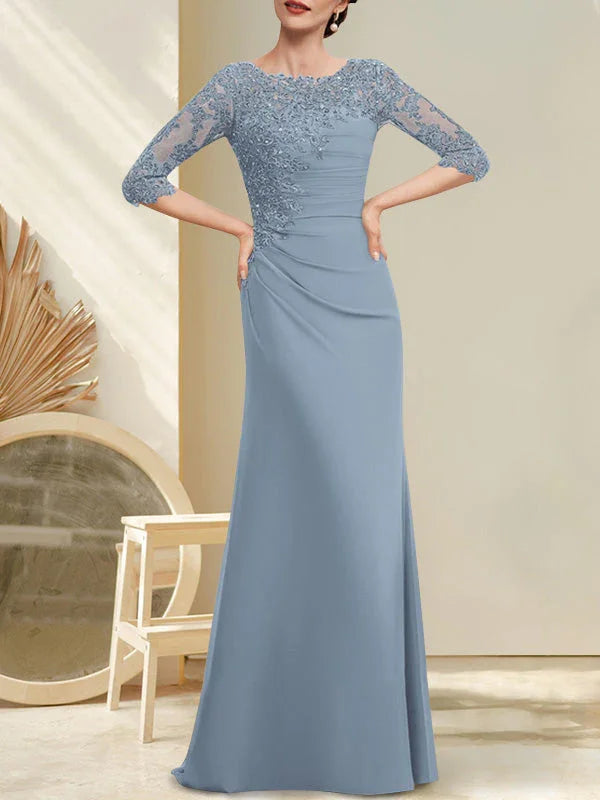 A-Linie, U-Ausschnitt, bodenlanges Chiffon-Spitzenkleid für die Brautmutter mit Perlenbesatz, plissierten Pailletten