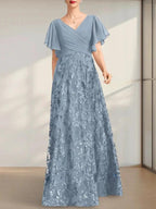 A-line V-Neck Floor-Length Lace Sequin Chiffon Mother of the Bride Dress With Pleated by Dreamylily