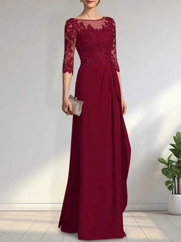 A-line Scoop Illusion Floor-Length Chiffon Lace Mother of the Bride Dress With Beading Sequins Cascading Ruffles by Dreamylily