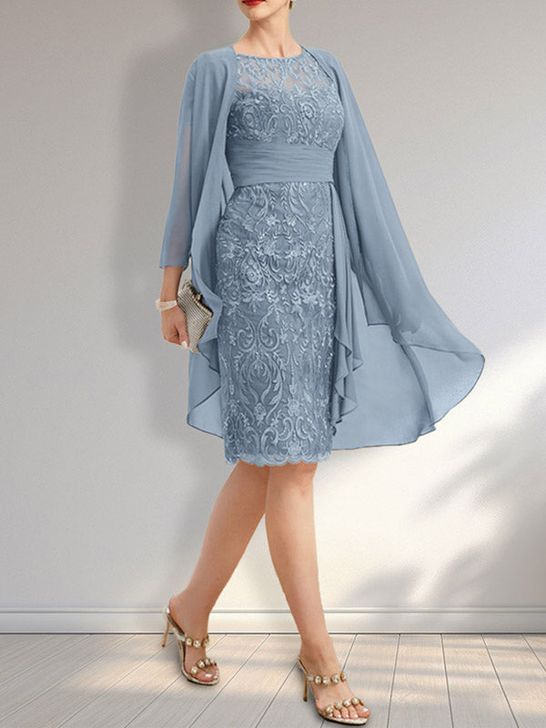 Sheath Scoop Illusion Knee-Length Lace Chiffon Mother of the Bride Dress With Cascading Ruffles Sequins
