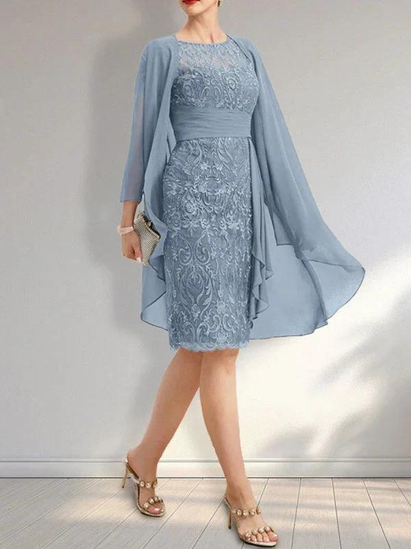 Sheath Scoop Illusion Knee-Length Lace Chiffon Mother of the Bride Dress With Cascading Ruffles Sequins by Dreamylily
