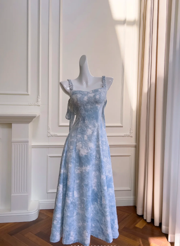 Feenblaues A-Linie Satin Ballkleid Langes Abendkleid Y8576