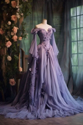 Purple Tulle Prom Dress One Shoulder Fairy Long Sleeve 3D Floral Appliques Evening Dress Y7605 by simplepromdress
