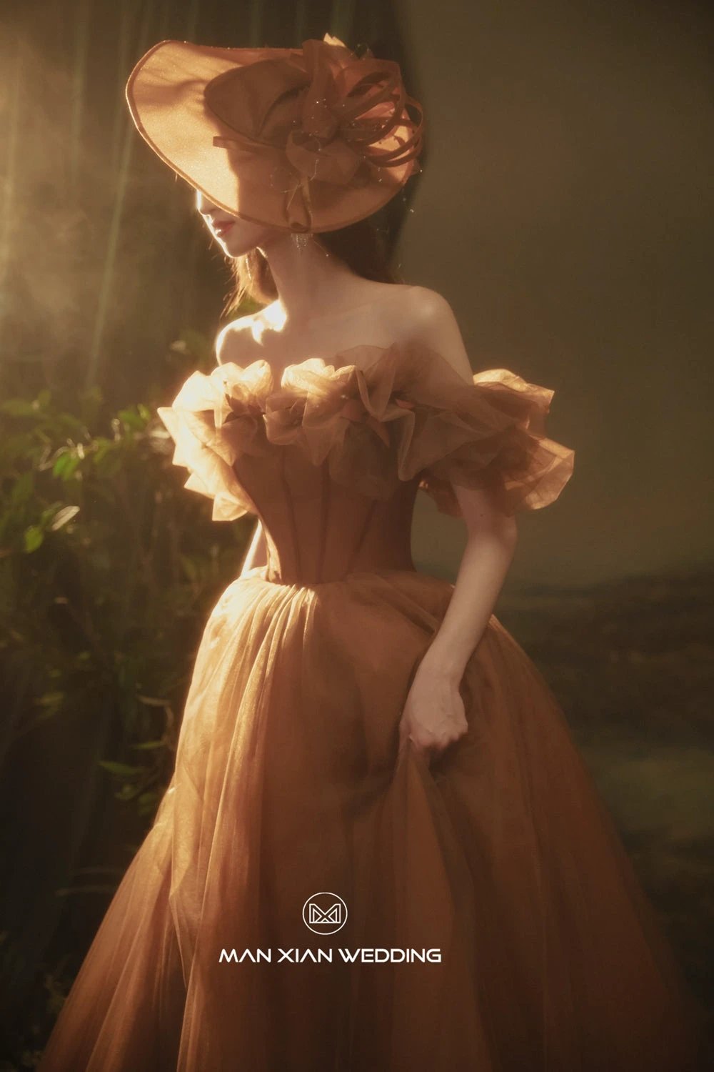 Elegant Nanmu-Hued Off-Shoulder Tulle Ball Gown with Voluminous Ruffle Detailing & Corset Bodice by ZAPDRESS