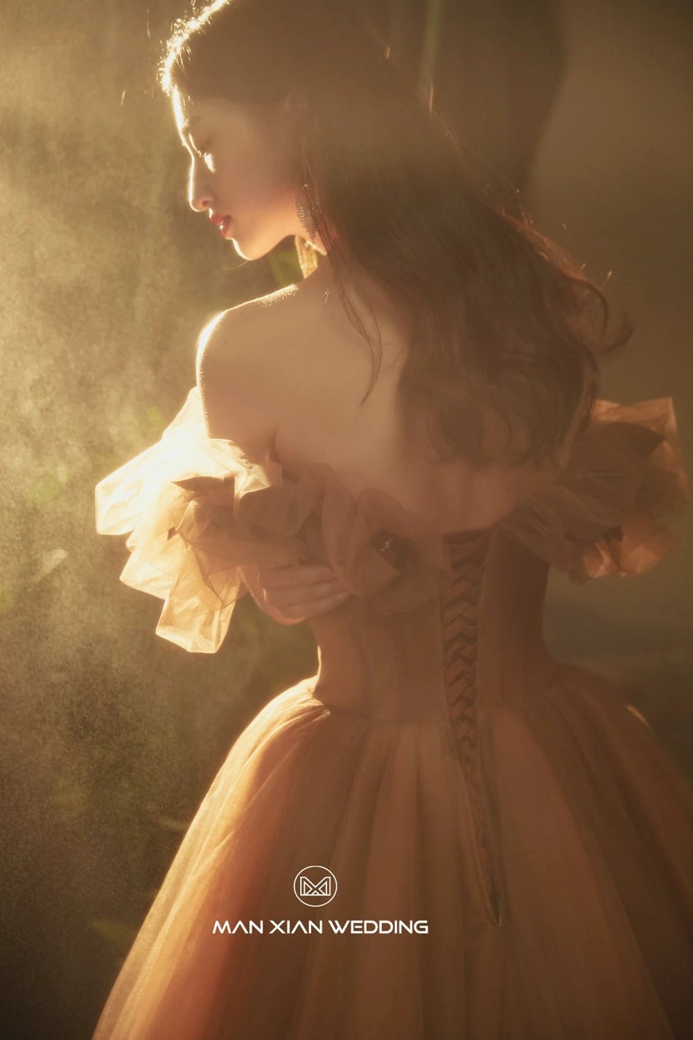 Elegant Nanmu-Hued Off-Shoulder Tulle Ball Gown with Voluminous Ruffle Detailing & Corset Bodice by ZAPDRESS