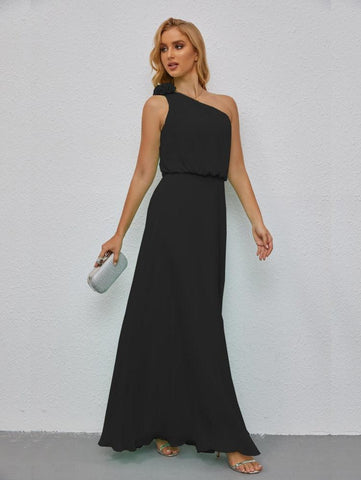 Ruffled One Shoulder Sleeveless Long Bridesmaid Dresses A-line Formal Evening Gown Side Split 28080
