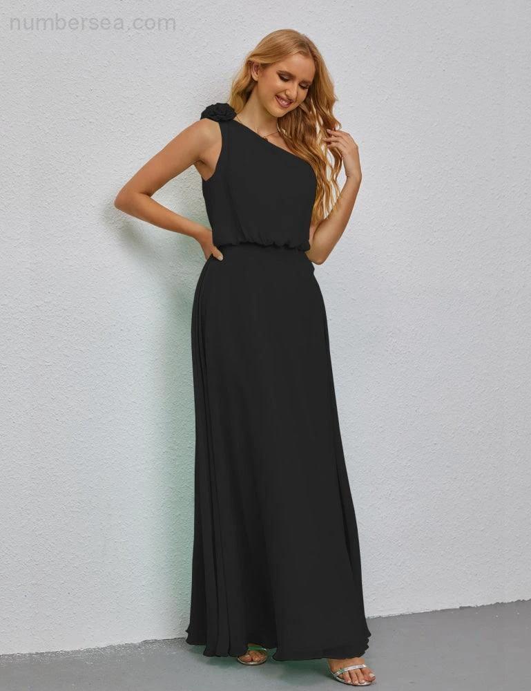 Ruffled One Shoulder Sleeveless Long Bridesmaid Dresses A-line Formal Evening Gown Side Split 28080 by numbersea