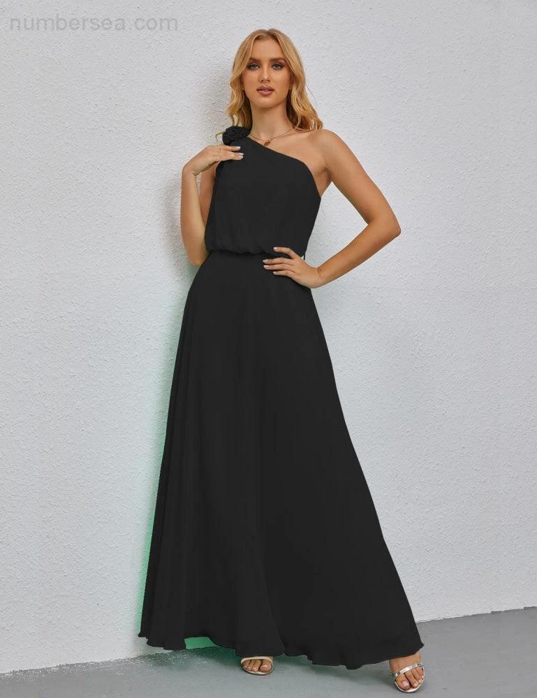 Ruffled One Shoulder Sleeveless Long Bridesmaid Dresses A-line Formal Evening Gown Side Split 28080 by numbersea