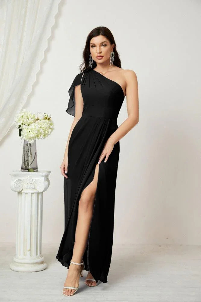 Numbersea Robe longue de demoiselle d'honneur en mousseline à volants, une épaule, coupe en A, robe de soirée formelle avec fente latérale 2809