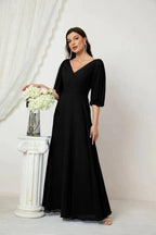 Numbersea Formal Prom Gown Women V-Neck Chiffon Bridesmaid Dresses Long Bishop Sleeve Party Dress 2807 by numbersea