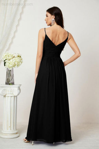 Numbersea Chiffon V-Neck Bridesmaid Dress Spaghetti Strap Long Formal Party Prom Gowns with Slit 28010