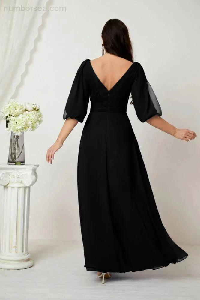 Numbersea Formal Prom Gown Women V-Neck Chiffon Bridesmaid Dresses Long Bishop Sleeve Party Dress 2807 by numbersea
