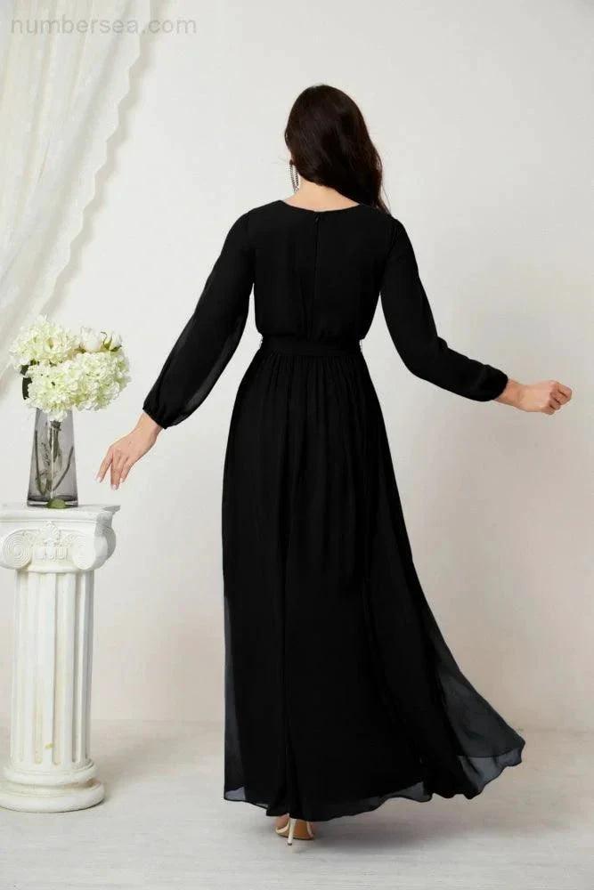 Sunnderly Evening Dresses Deep V-Neck Chiffon Bridesmaid Dresses Long Bishop Sleeve Side Split Formal Dress SY2806 by numbersea