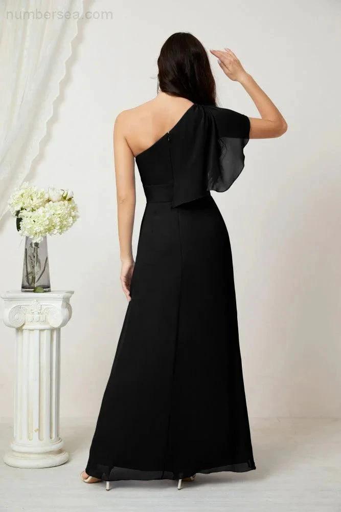 Numbersea Chiffon Ruffled One Shoulder Long Bridesmaid Dresses A-line Formal Evening Gown Side Split 2809 by numbersea