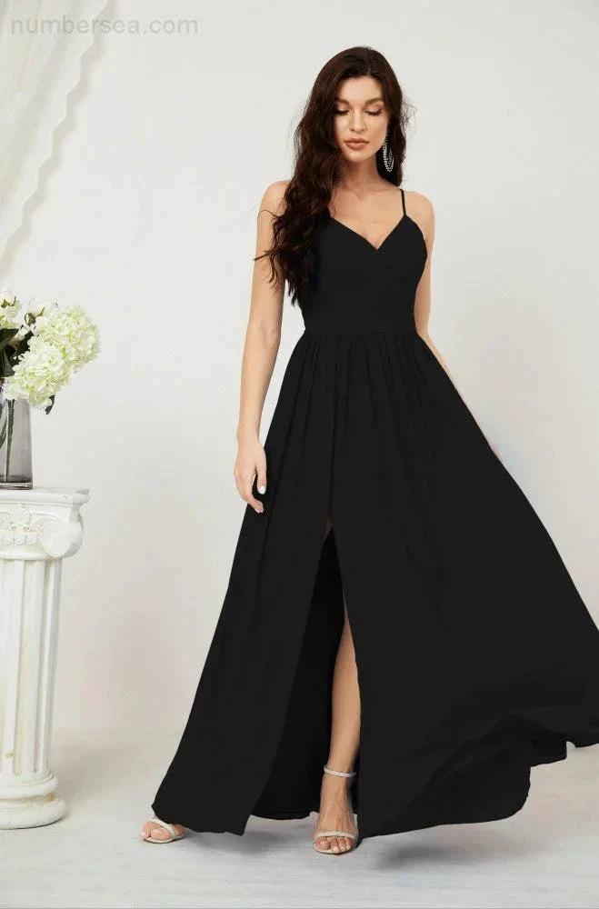 Numbersea Neck Bridesmaid Dresses Chiffon Long Spaghetti A-line Formal Prom Gown for Wedding Party Evening 2801 by numbersea