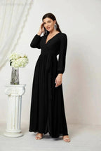 Sunnderly Evening Dresses Deep V-Neck Chiffon Bridesmaid Dresses Long Bishop Sleeve Side Split Formal Dress SY2806 by numbersea