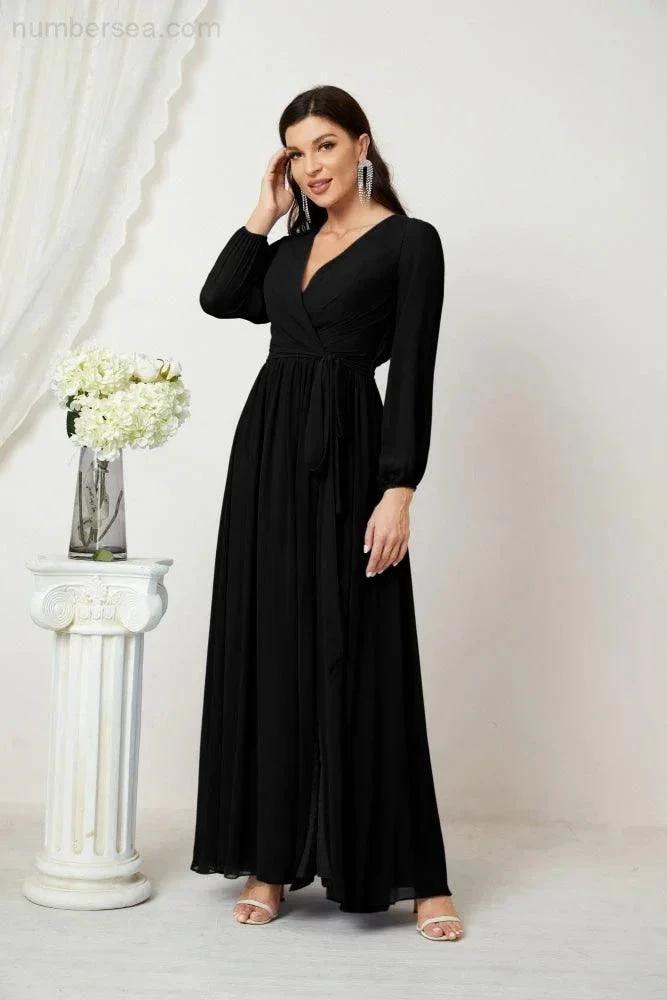 Sunnderly Evening Dresses Deep V-Neck Chiffon Bridesmaid Dresses Long Bishop Sleeve Side Split Formal Dress SY2806 by numbersea