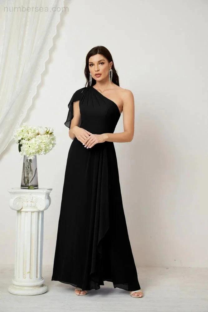 Numbersea Chiffon Ruffled One Shoulder Long Bridesmaid Dresses A-line Formal Evening Gown Side Split 2809 by numbersea